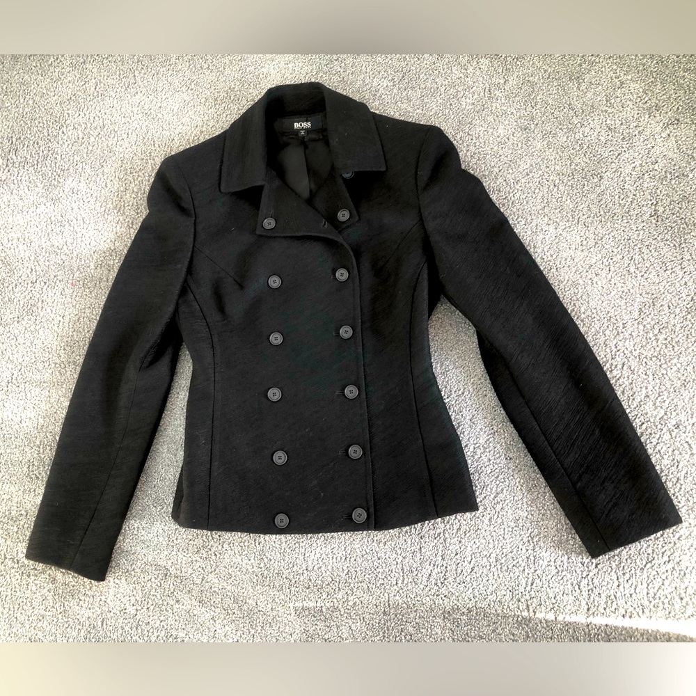 Hugo BOSS short jacket blazer double breasted lightweight wool Italy 2 long slvs